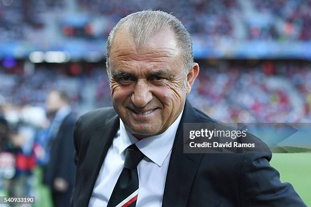 Fatih Terim head coach of Turkey looka on during the UEFA EURO 2016 Group D match between Spain and Turkey at Allianz Riviera Stadium on June 17,...