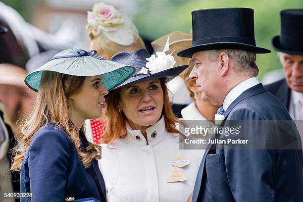 Princess Beatrice, Sarah, Duchess of York and Prince Andrew, Duke of York attend day 4 of Royal Ascot at Ascot Racecourse on June 17, 2016 in Ascot,...