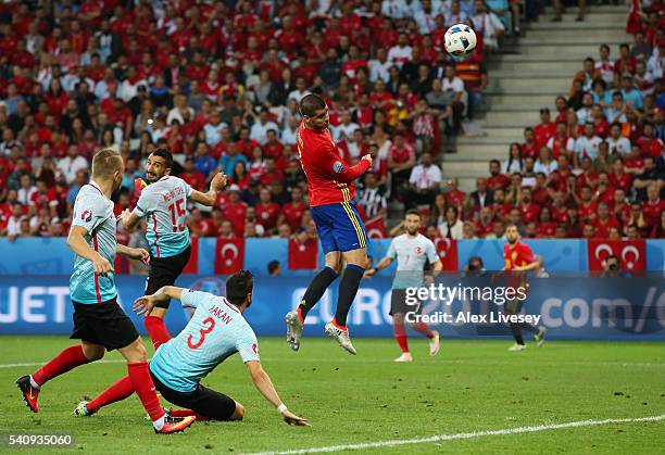 Alvaro Morata of Spain scores his sides first goal during the UEFA EURO 2016 Group D match between Spain and Turkey at Allianz Riviera Stadium on...