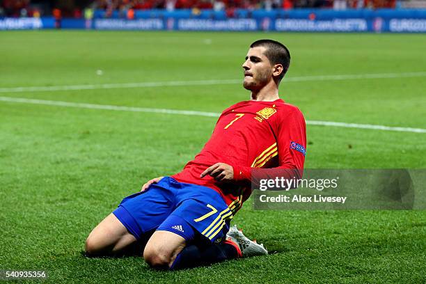 Alvaro Morata of Spain celebrates scoring his sides first goal during the UEFA EURO 2016 Group D match between Spain and Turkey at Allianz Riviera...