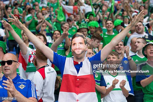 Fan wears a mask of Northern Ireland's Will Grigg during the UEFA Euro 2016 Group C match between Ukraine and Northern Ireland at Stade de Lyon on...