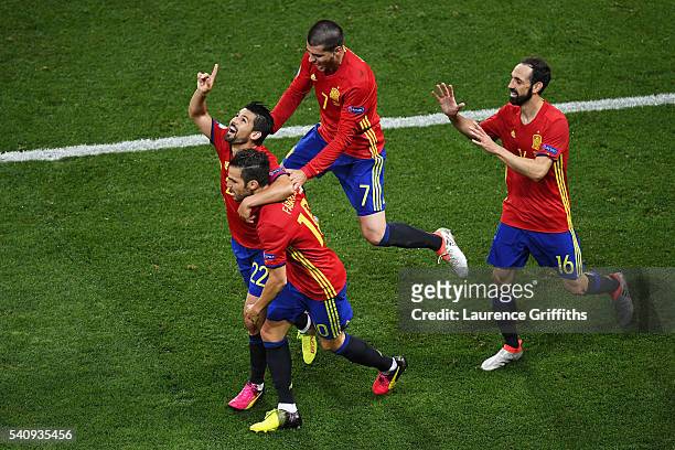 Nolito of Spain celebrates with his team mates after he scores his sides second goal during the UEFA EURO 2016 Group D match between Spain and Turkey...