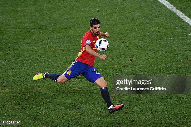Nolito of Spain scores his sides second goal during the UEFA EURO 2016 Group D match between Spain and Turkey at Allianz Riviera Stadium on June 17,...