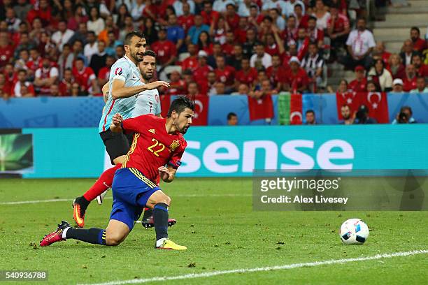 Nolito of Spain scores his sides second goal during the UEFA EURO 2016 Group D match between Spain and Turkey at Allianz Riviera Stadium on June 17,...