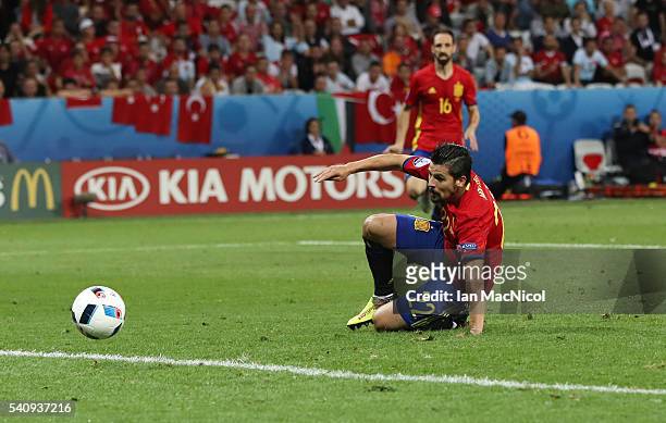 Nolito of Spain scores during the UEFA EURO 2016 Group D match between Spain and Turkey at Allianz Riviera Stadium on June 17, 2016 in Nice, France.