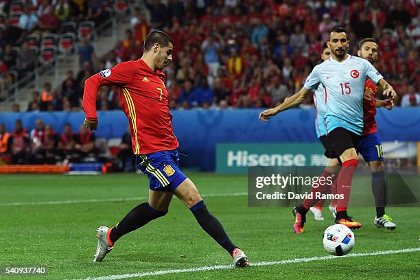 Alvaro Morata of Spain scores his sides third and his second goal during the UEFA EURO 2016 Group D match between Spain and Turkey at Allianz Riviera...
