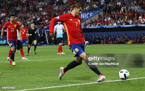 Alvaro Morata of Spain scores his teams third goal during the UEFA EURO 2016 Group D match between Spain and Turkey at Allianz Riviera Stadium on...