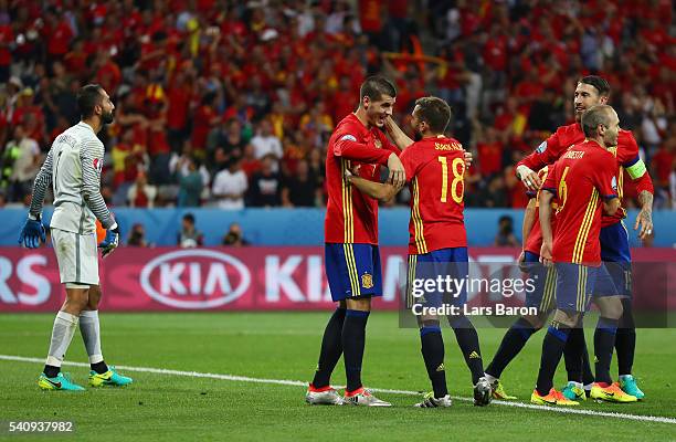 Alvaro Morata of Spain celebrates with Jordi Alba after scoring his second and his sides third goal during the UEFA EURO 2016 Group D match between...