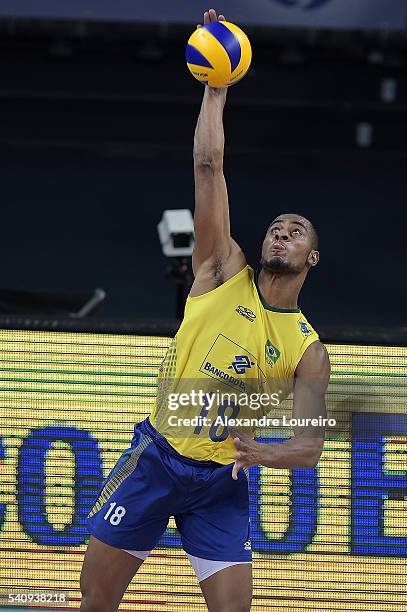 Lucarelli of Brazil spikes the ball during the match between Brazil and Argentina on the FIVB World League 2016 - Day 2 at Carioca Arena 1 on June...