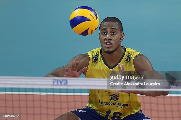 Lucarelli of Brazil receives the ball during the match between Brazil and Argentina on the FIVB World League 2016 - Day 2 at Carioca Arena 1 on June...