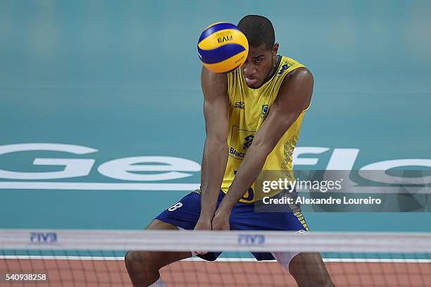 Lucarelli of Brazil receives the ball during the match between Brazil and Argentina on the FIVB World League 2016 - Day 2 at Carioca Arena 1 on June...