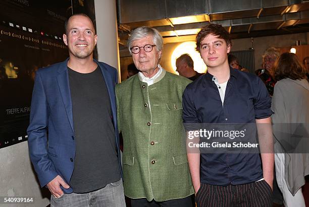 Patrick Wolff and his father Christian Wolff and Matti Schmidt-Schaller during the premiere of the film 'Treppe Aufwaerts' at Kino Monopol on June...