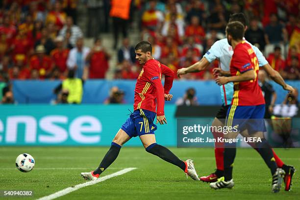 Alvaro Morata of Spain scores his sides third and his second goal during the UEFA EURO 2016 Group D match between Spain and Turkey at Allianz Riviera...