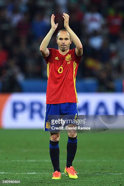 Andres Iniesta of Spain applauds supporters during the UEFA EURO 2016 Group D match between Spain and Turkey at Allianz Riviera Stadium on June 17,...