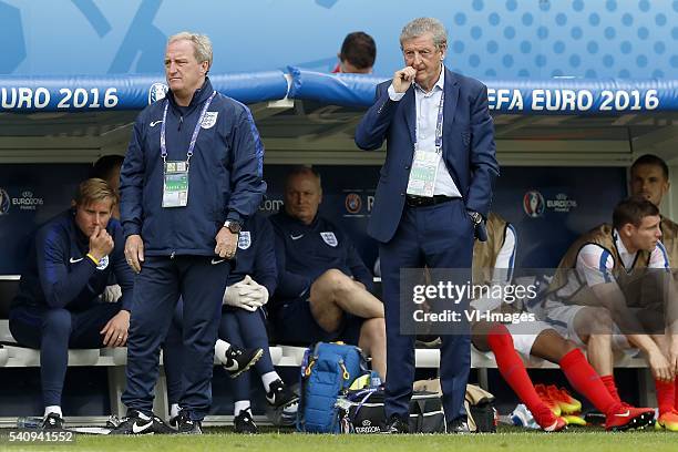 Assistant coach Ray Clemence of England, coach Roy Hodgson of England during the Euro group stage match between England and Wales at the Stade...