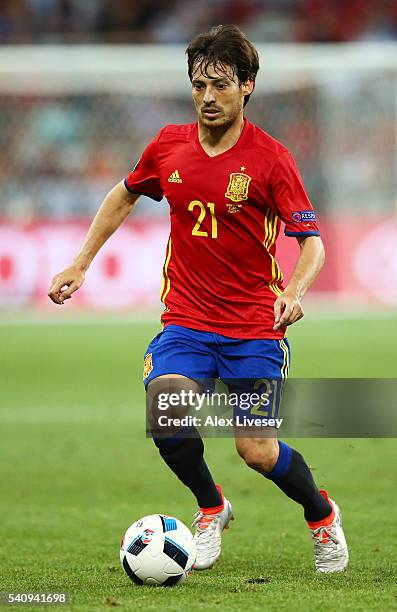 David Silva of Spain in action during the UEFA EURO 2016 Group D match between Spain and Turkey at Allianz Riviera Stadium on June 17, 2016 in Nice,...