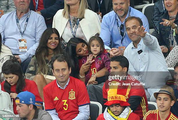 Daniella Semaan wife of Cesc Fabregas and their daughter Lia Fabregas attend the UEFA EURO 2016 Group D match between Spain and Turkey at Allianz...