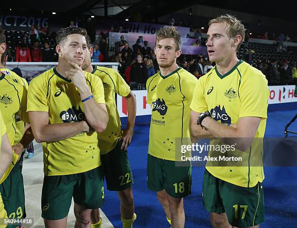 Simon Orchard, Flynn Ogilvie, Tristan White and Aran Zalewski of Australia wait for the Indian protest to be heard during the FIH Mens Hero Hockey...