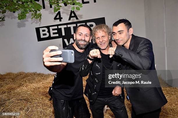 Marcelo Burlon, Renzo Rosso and Nicola Formichetti attend Renzo Rosso And OTB Launch 'Radical Renaissance 55+5' Book on June 17, 2016 in Milan, Italy.