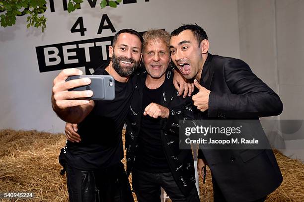 Marcelo Burlon, Renzo Rosso and Nicola Formichetti attend Renzo Rosso And OTB Launch 'Radical Renaissance 55+5' Book on June 17, 2016 in Milan, Italy.