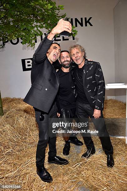 Nicola Formichetti, Marcelo Burlon and Renzo Rosso attend Renzo Rosso And OTB Launch 'Radical Renaissance 55+5' Book on June 17, 2016 in Milan, Italy.