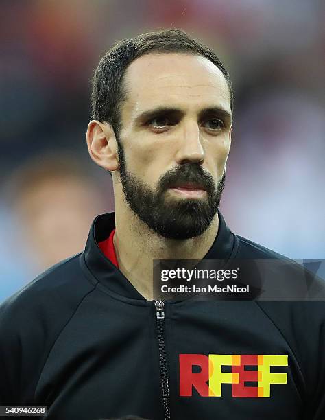 Juanfran of Spain looks on during the UEFA EURO 2016 Group D match between Spain and Turkey at Allianz Riviera Stadium on June 17, 2016 in Nice,...