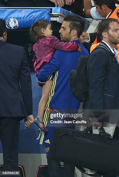 Cesc Fabregas of Spain meets his daughter Lia Fabregas following the UEFA EURO 2016 Group D match between Spain and Turkey at Allianz Riviera Stadium...