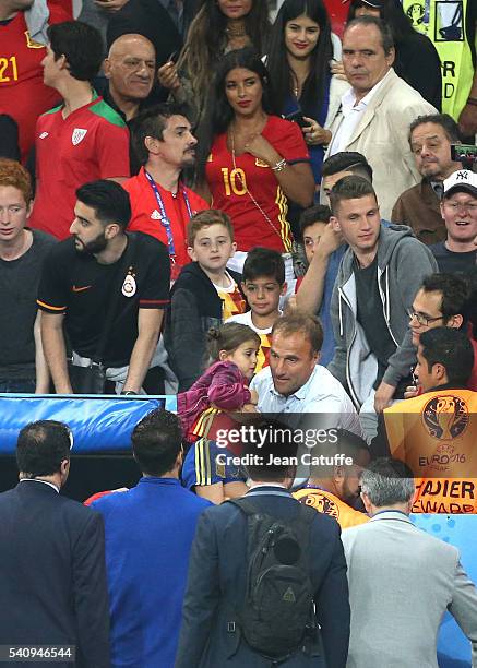 Cesc Fabregas of Spain meets his daughter Lia Fabregas following the UEFA EURO 2016 Group D match between Spain and Turkey at Allianz Riviera Stadium...