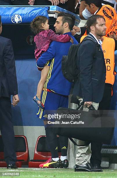 Cesc Fabregas of Spain meets his daughter Lia Fabregas following the UEFA EURO 2016 Group D match between Spain and Turkey at Allianz Riviera Stadium...