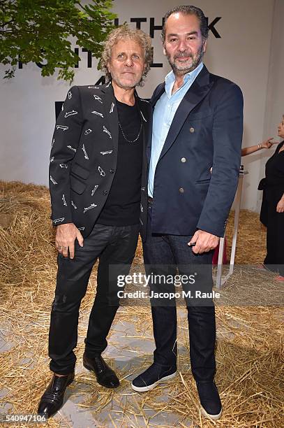 Renzo Rosso and Remo Ruffini attend Renzo Rosso And OTB Launch 'Radical Renaissance 55+5' Book on June 17, 2016 in Milan, Italy.