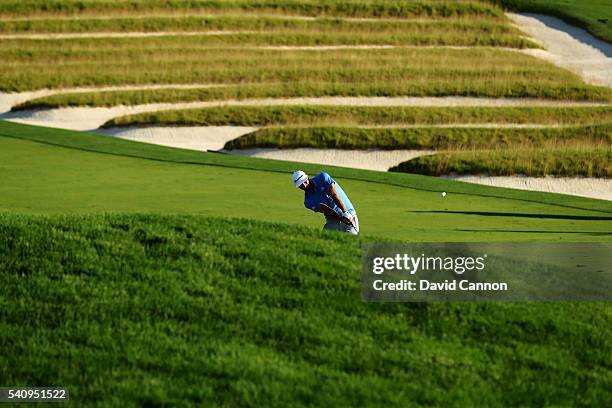 Dustin Johnson of the United States hits a shot on the third hole during the second round of the U.S. Open at Oakmont Country Club on June 17, 2016...