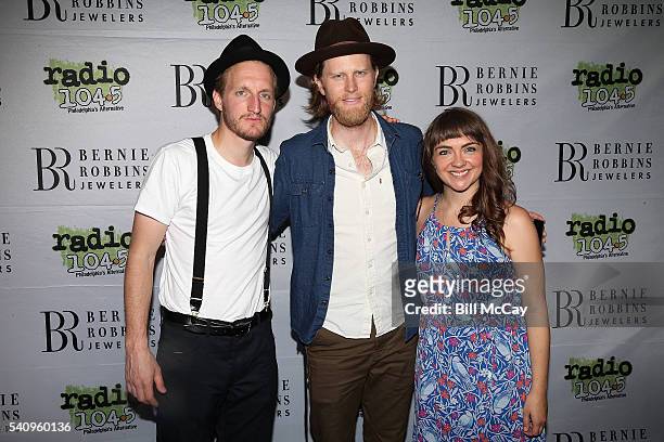 Jeremiah Fraites, Wesley Schultz and Neyla Pekarek of the band The Lumineers pose at the Radio 104.5 9th Birthday Celebration at the BB&T Pavilion...