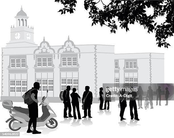 stockillustraties, clipart, cartoons en iconen met scooter to prep school crowd - prep school