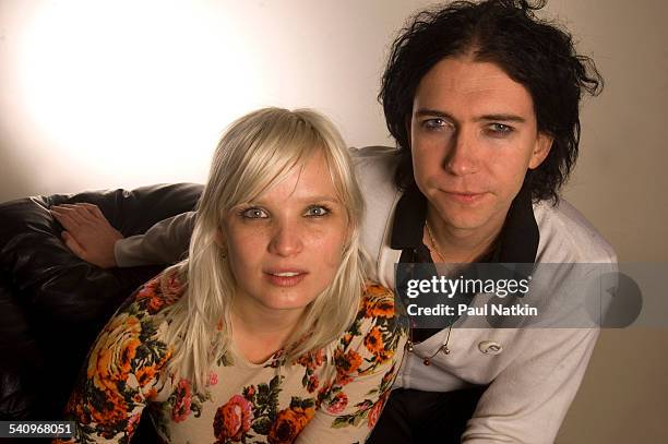 Portrait of Danish rock group the Raveonettes as they pose backstage at the Allstate Arena, Chicago, Illinois, November 29, 2005. Pictured are, from...