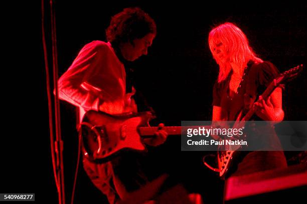 Danish musicians Sune Rose Wagner and Sharin Foo, of the group the Raveonettes, as they perform onstage at the Allstate Arena, Chicago, Illinois,...