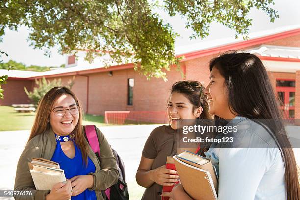 multi-ethnic group of high school or college girls talking.  campus. - indian college girl stock pictures, royalty-free photos & images