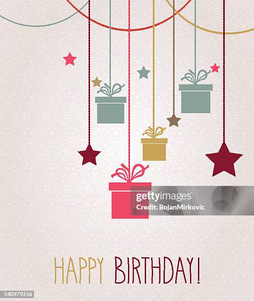 alles gute zum geburtstag grußkarte. hängende bunte geschenk - geburtstagsgeschenk stock-grafiken, -clipart, -cartoons und -symbole