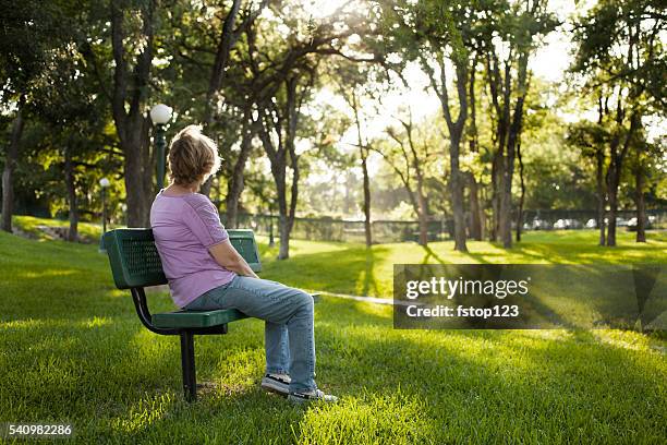 rear view of mature woman sitting on park bench.  summer. - parkbänk bildbanksfoton och bilder