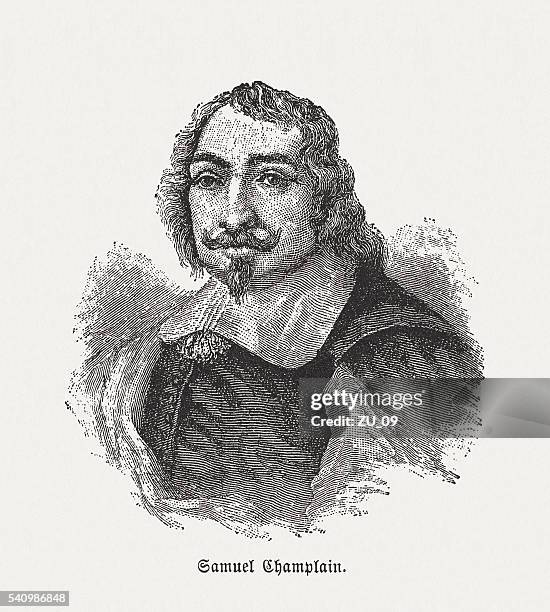 samuel de champlain (1574-1635), french navigator, wood engraving, published 1884 - people in quebec city stock illustrations