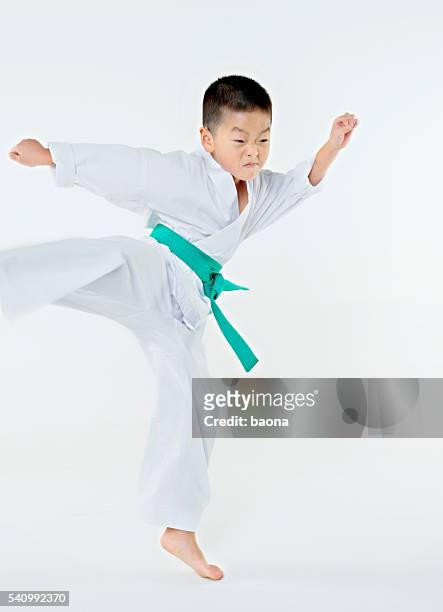 karate-jungen - grüner gürtel sport stock-fotos und bilder