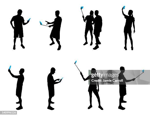 silhouettes with mobile devices - mid adult couple stock illustrations