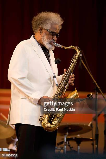 American Jazz musician Sonny Rollins plays saxophone as he performs onstage at Pritzker Pavillion, Chicago, Illinois, August 28, 2008.