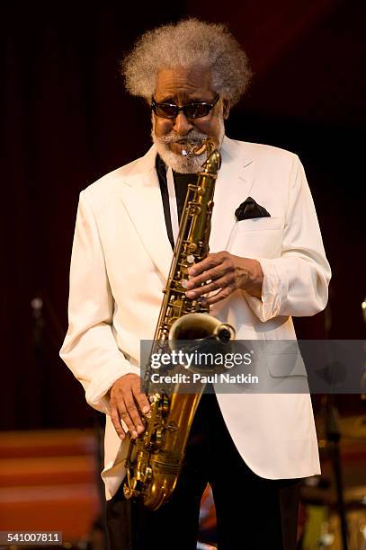 American Jazz musician Sonny Rollins plays saxophone as he performs onstage at Pritzker Pavillion, Chicago, Illinois, August 28, 2008.