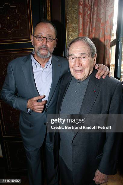 Jean Reno and Robert Hossein attend Levon Sayan receives Insignia of "Commandeur de l'Ordre National du Merite" at Hotel d'Evreux on June 14, 2016 in...