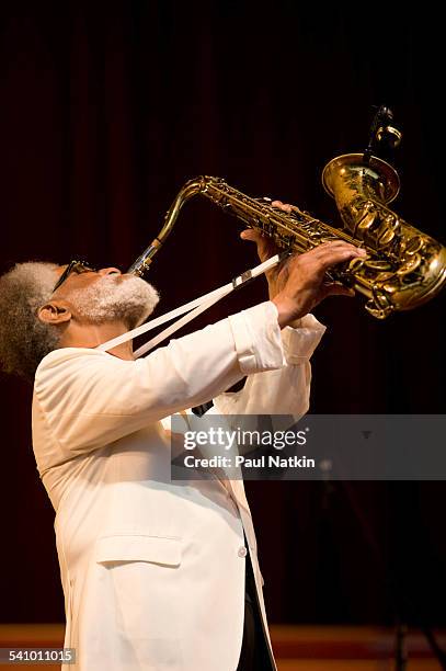 American Jazz musician Sonny Rollins plays saxophone as he performs onstage at Pritzker Pavillion, Chicago, Illinois, August 28, 2008.