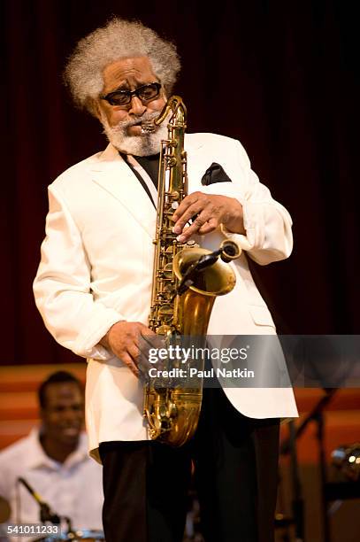 American Jazz musician Sonny Rollins plays saxophone as he performs onstage at Pritzker Pavillion, Chicago, Illinois, August 28, 2008.