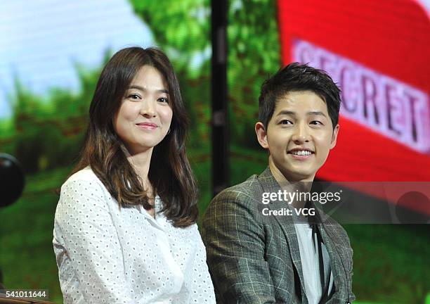 South Korea actress Song Hye Kyo and actor Song Joong-ki attend fan meeting on June 17, 2016 in Chengdu, Sichuan Province of China.