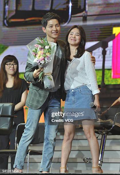 South Korea actress Song Hye Kyo and actor Song Joong-ki attend fan meeting on June 17, 2016 in Chengdu, Sichuan Province of China.