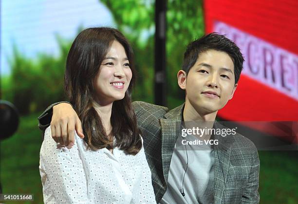 South Korea actress Song Hye Kyo and actor Song Joong-ki attend fan meeting on June 17, 2016 in Chengdu, Sichuan Province of China.