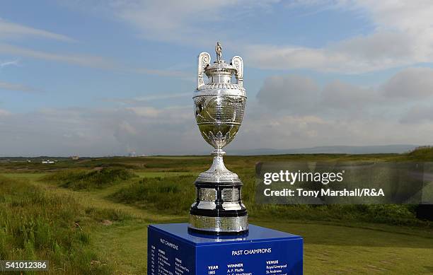 The Amateur Championship Trophy sits on the 1st tee during The Amateur Championship 2016 - Day Six at Royal Porthcawl Golf Club on June 18, 2016 in...